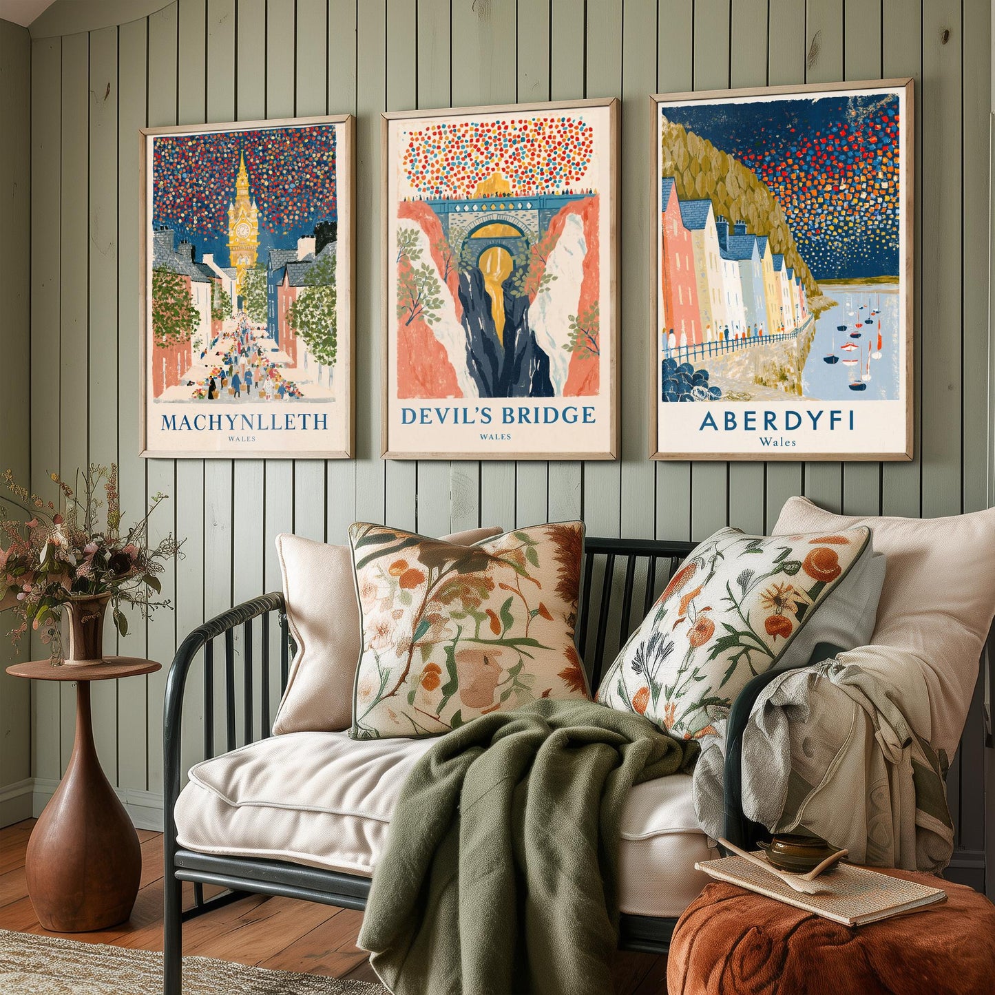 Mid Wales Set of Three Art Prints - Machynlleth, Devil's Bridge, Aberdyfi - Confetti Sky Travel Posters - Welsh Illustration