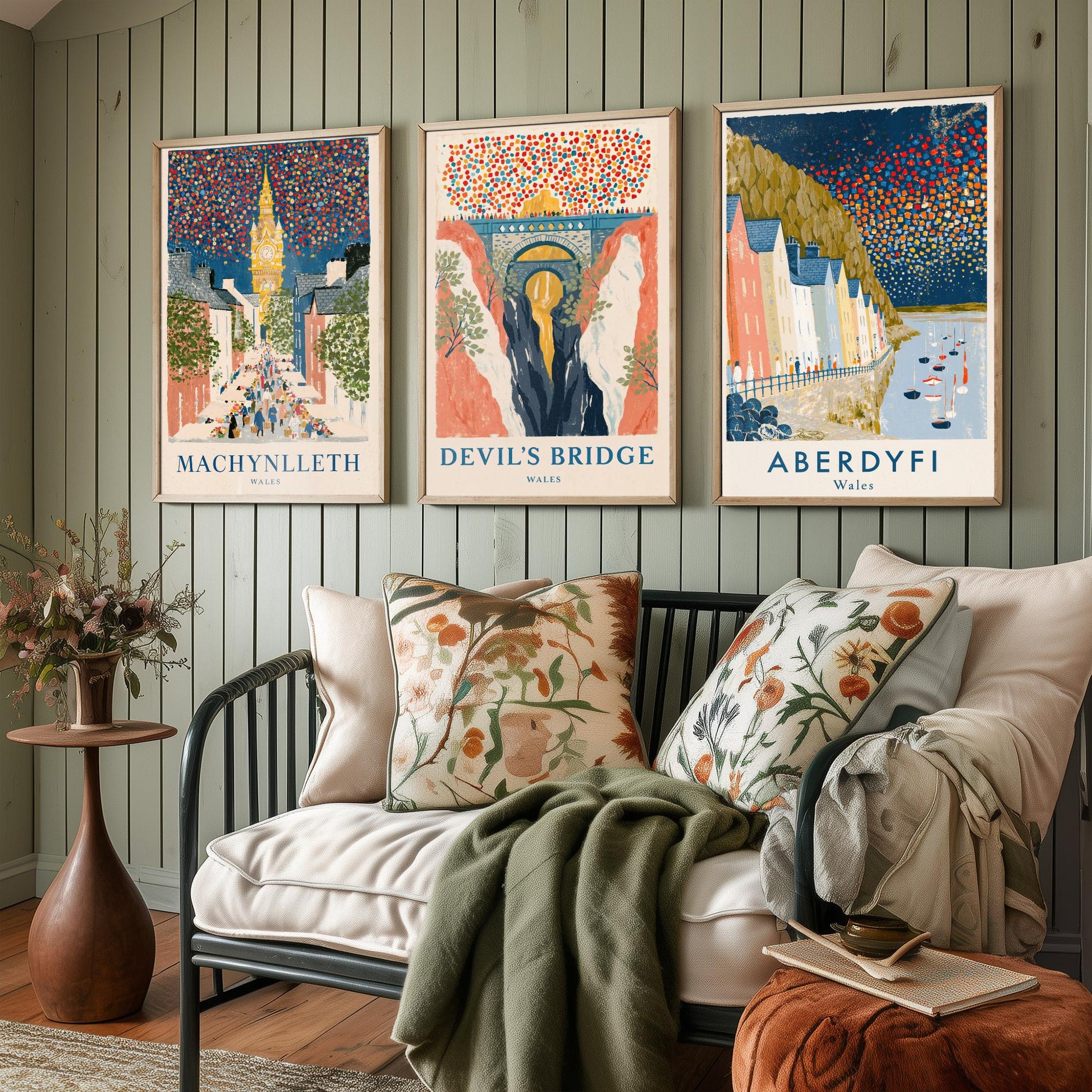 Mid Wales Set of Three Art Prints - Machynlleth, Devil's Bridge, Aberdyfi - Confetti Sky Travel Posters - Welsh Illustration