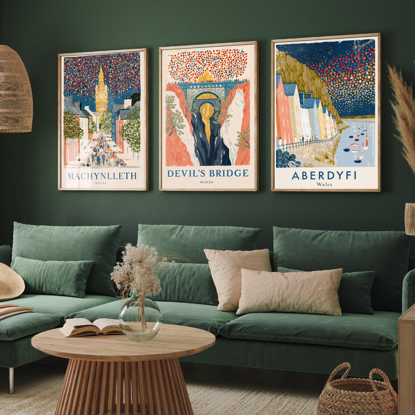 Mid Wales Set of Three Art Prints - Machynlleth, Devil's Bridge, Aberdyfi - Confetti Sky Travel Posters - Welsh Illustration