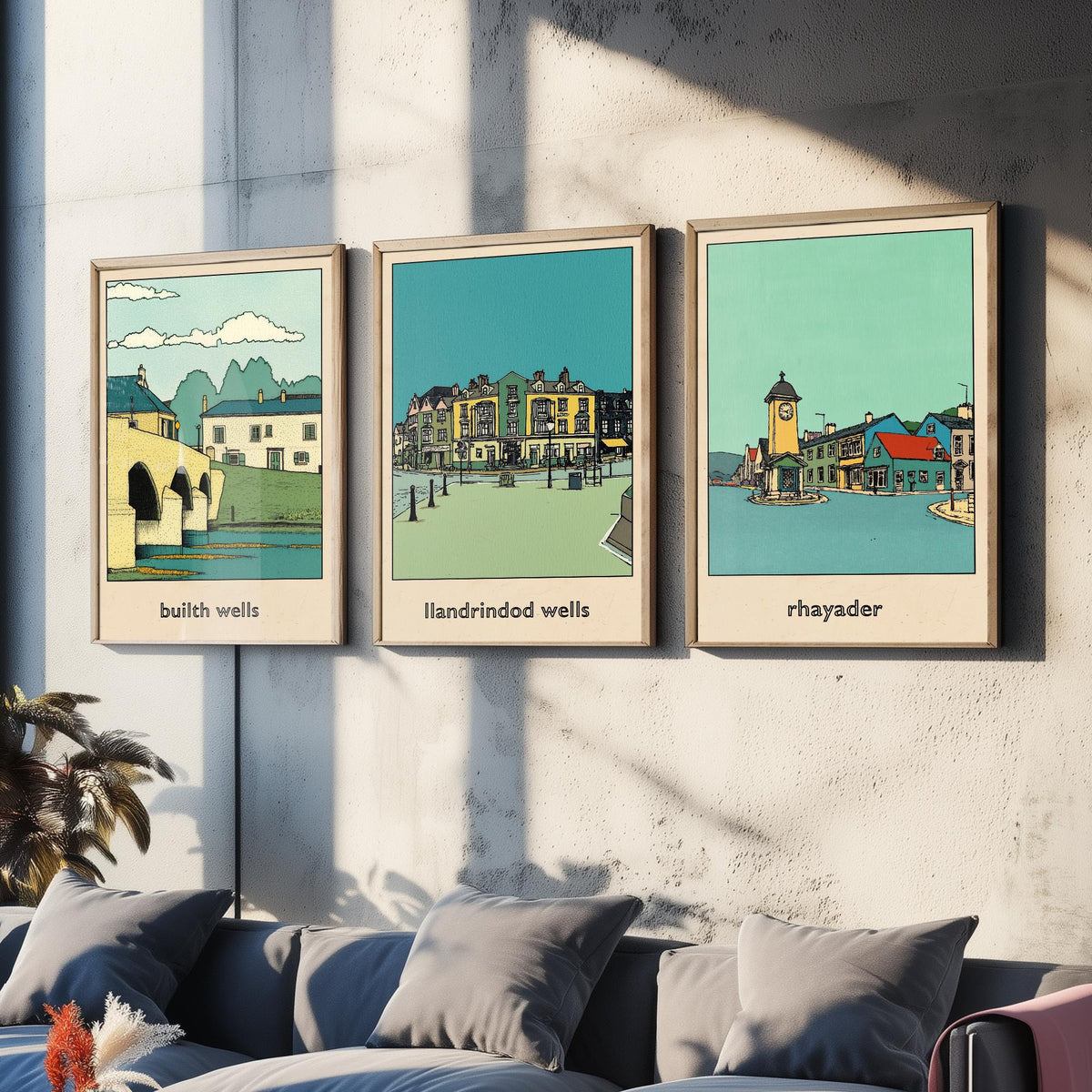 Set of Three Mid Wales Travel Posters - Builth Wells, Llandrindod Wells, Rhayader - 3 Welsh Town Art Prints Illustration Map