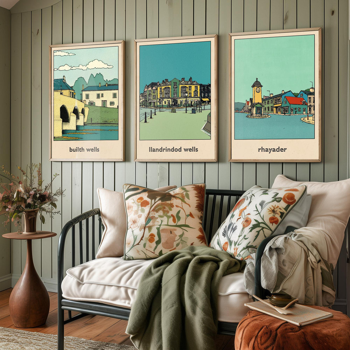 Set of Three Mid Wales Travel Posters - Builth Wells, Llandrindod Wells, Rhayader - 3 Welsh Town Art Prints Illustration Map
