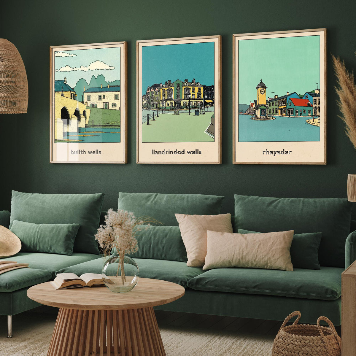 Set of Three Mid Wales Travel Posters - Builth Wells, Llandrindod Wells, Rhayader - 3 Welsh Town Art Prints Illustration Map