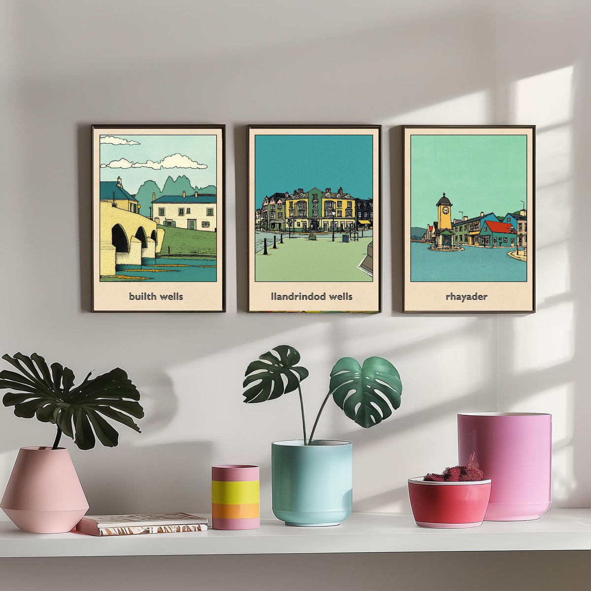 Set of Three Mid Wales Travel Posters - Builth Wells, Llandrindod Wells, Rhayader - 3 Welsh Town Art Prints Illustration Map