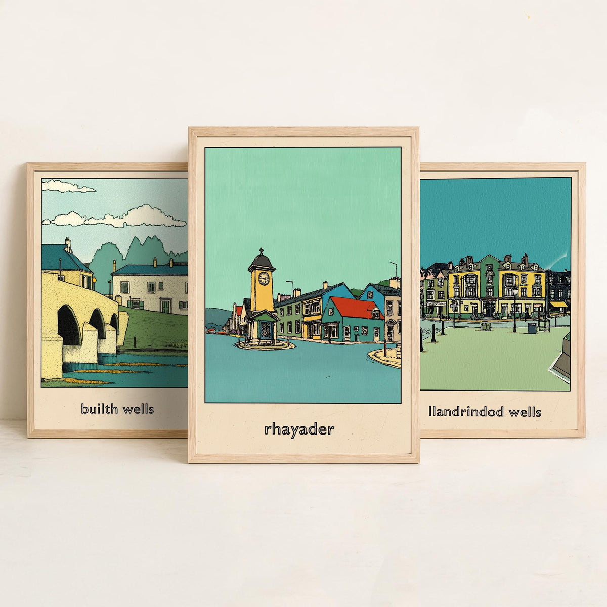 Set of Three Mid Wales Travel Posters - Builth Wells, Llandrindod Wells, Rhayader - 3 Welsh Town Art Prints Illustration Map