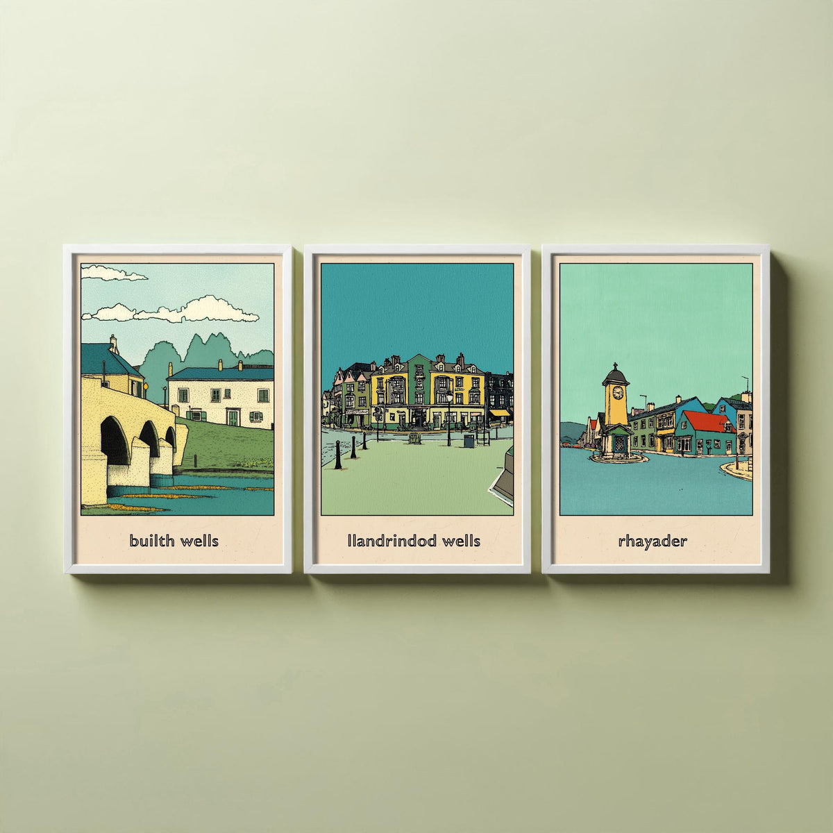 Set of Three Mid Wales Travel Posters - Builth Wells, Llandrindod Wells, Rhayader - 3 Welsh Town Art Prints Illustration Map