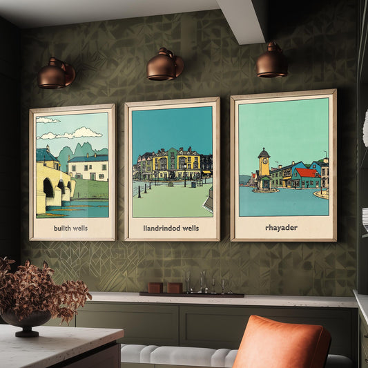 Set of Three Mid Wales Travel Posters - Builth Wells, Llandrindod Wells, Rhayader - 3 Welsh Town Art Prints Illustration Map