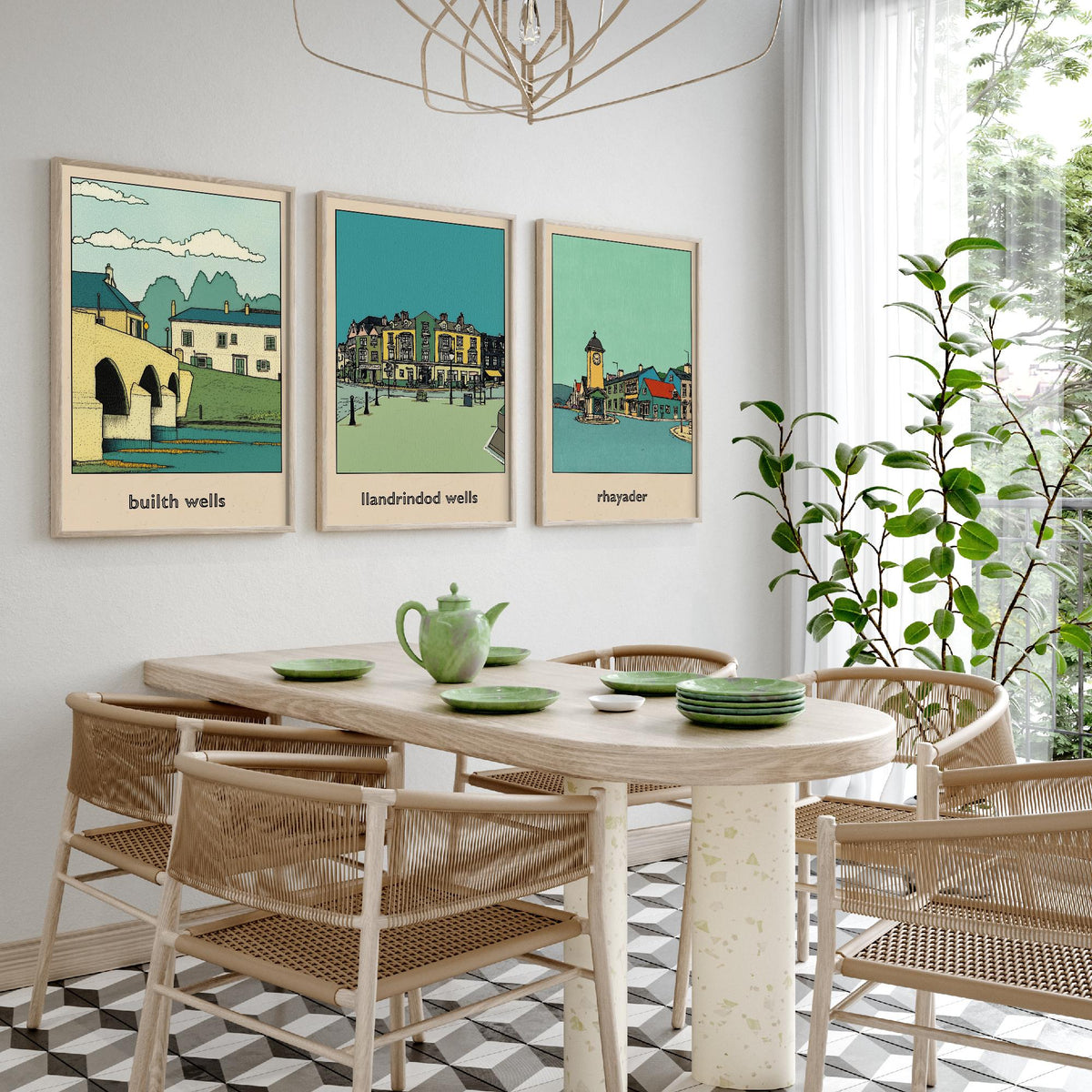 Set of Three Mid Wales Travel Posters - Builth Wells, Llandrindod Wells, Rhayader - 3 Welsh Town Art Prints Illustration Map