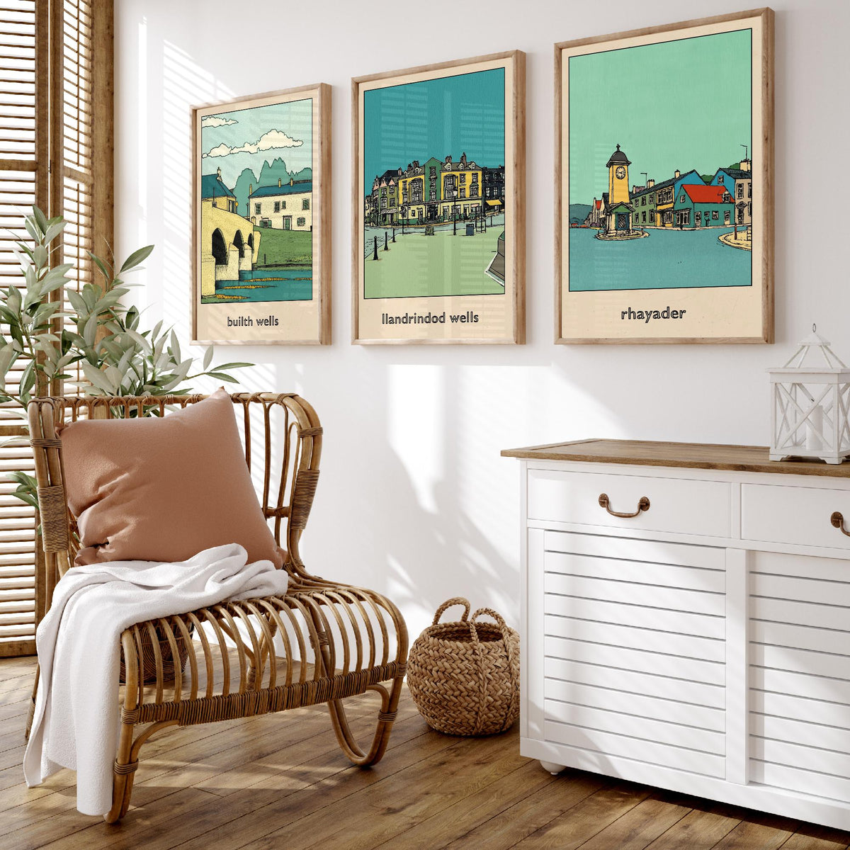 Set of Three Mid Wales Travel Posters - Builth Wells, Llandrindod Wells, Rhayader - 3 Welsh Town Art Prints Illustration Map