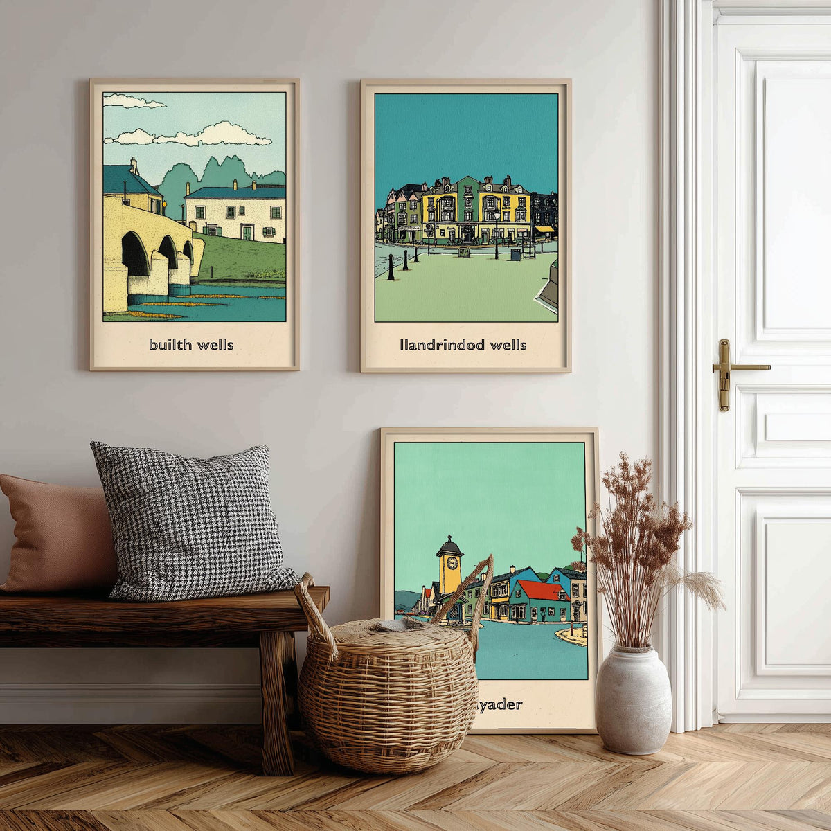 Set of Three Mid Wales Travel Posters - Builth Wells, Llandrindod Wells, Rhayader - 3 Welsh Town Art Prints Illustration Map