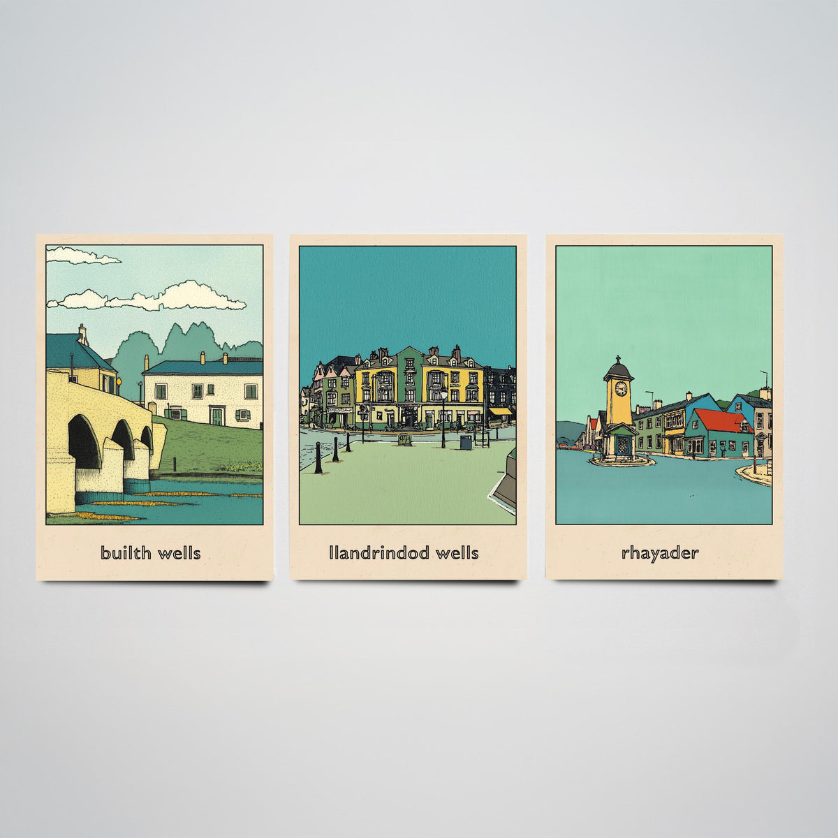 Set of Three Mid Wales Travel Posters - Builth Wells, Llandrindod Wells, Rhayader - 3 Welsh Town Art Prints Illustration Map