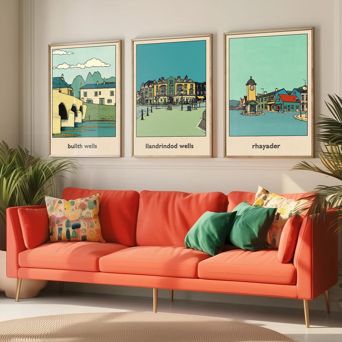 Set of Three Mid Wales Travel Posters - Builth Wells, Llandrindod Wells, Rhayader - 3 Welsh Town Art Prints Illustration Map