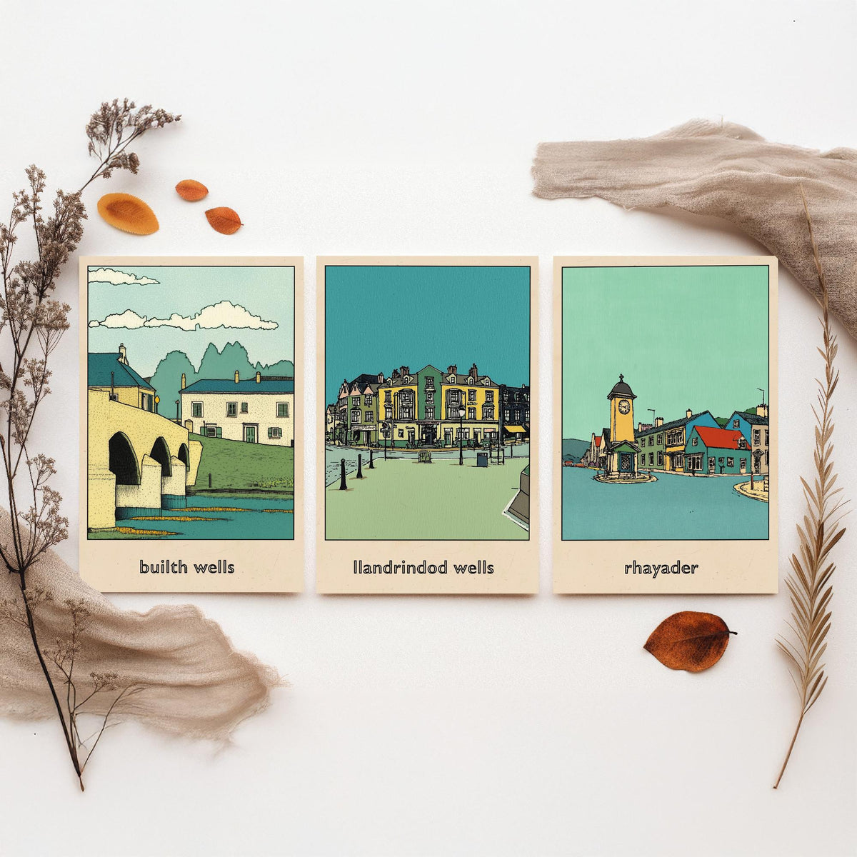 Set of Three Mid Wales Travel Posters - Builth Wells, Llandrindod Wells, Rhayader - 3 Welsh Town Art Prints Illustration Map