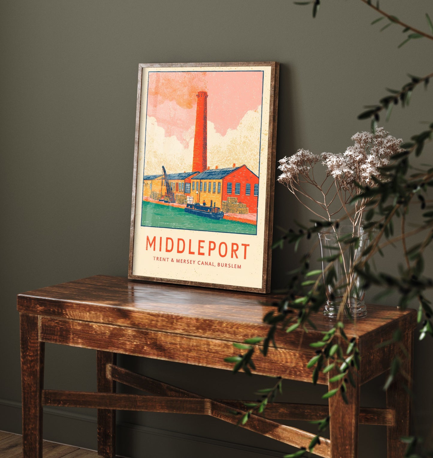 Middleport Pottery Art Print - Trent and Mersey Canal Poster - Burslem Bottle Kiln Linocut Illustration 1/3