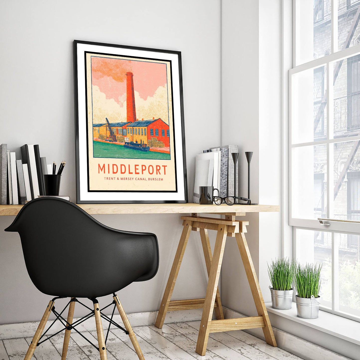 Middleport Pottery Art Print - Trent and Mersey Canal Poster - Burslem Bottle Kiln Linocut Illustration 1/3