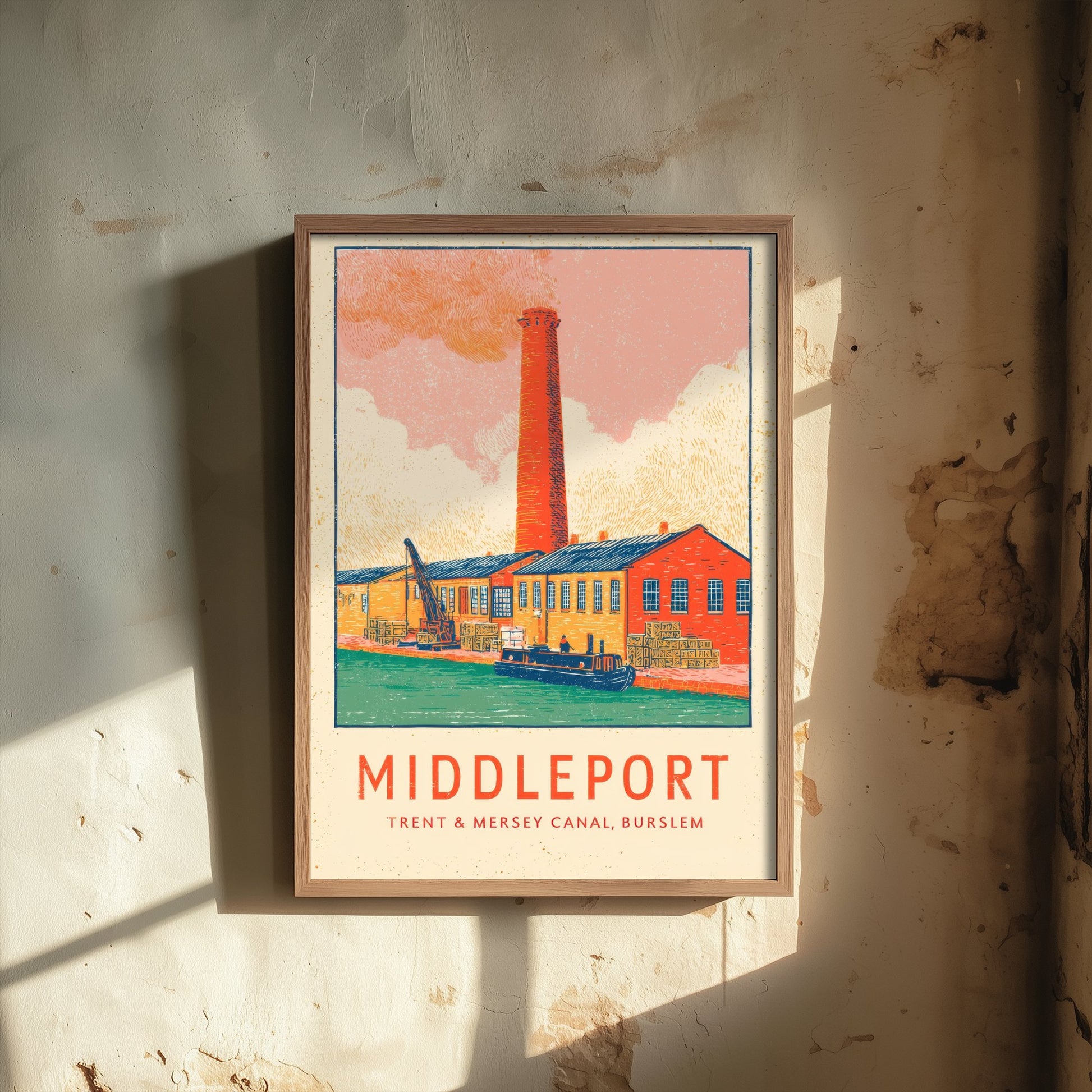 Middleport Pottery Art Print - Trent and Mersey Canal Poster - Burslem Bottle Kiln Linocut Illustration 1/3