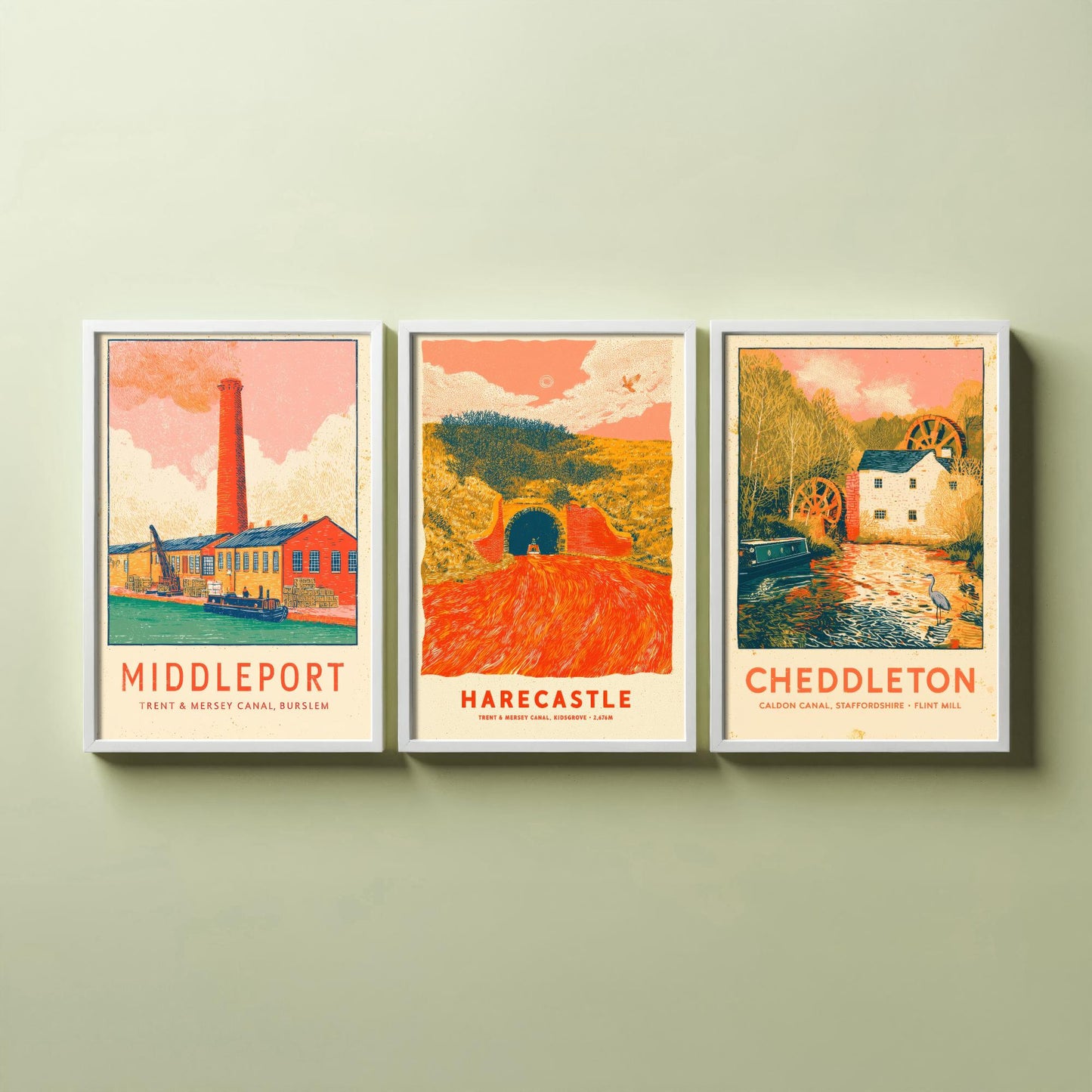 Pottery Canals Set of Three Art Prints - Middleport, Harecastle, Cheddleton - Staffordshire Waterways Posters - Linocut Illustration