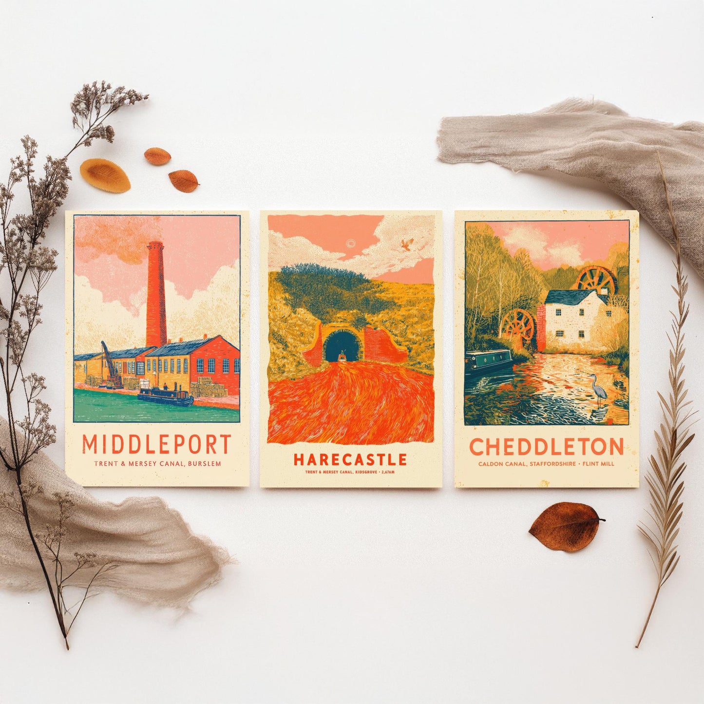 Pottery Canals Set of Three Art Prints - Middleport, Harecastle, Cheddleton - Staffordshire Waterways Posters - Linocut Illustration