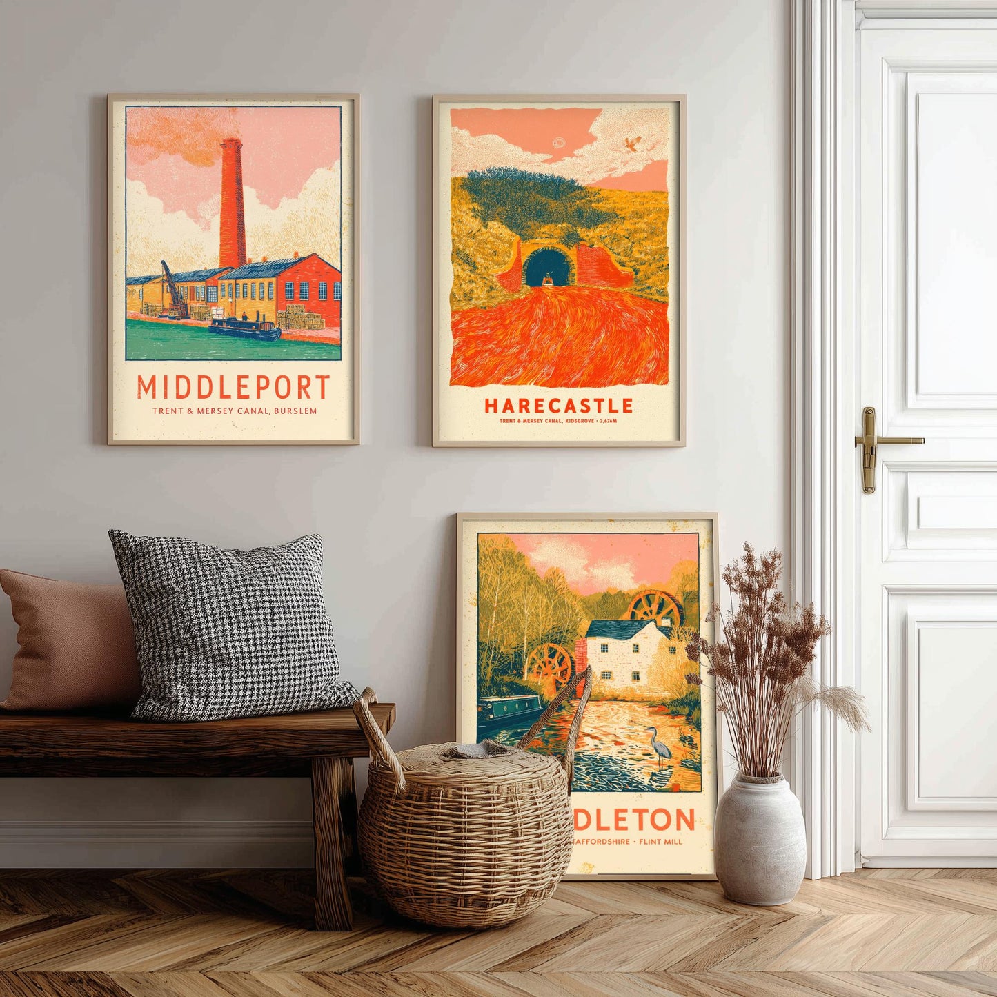 Pottery Canals Set of Three Art Prints - Middleport, Harecastle, Cheddleton - Staffordshire Waterways Posters - Linocut Illustration