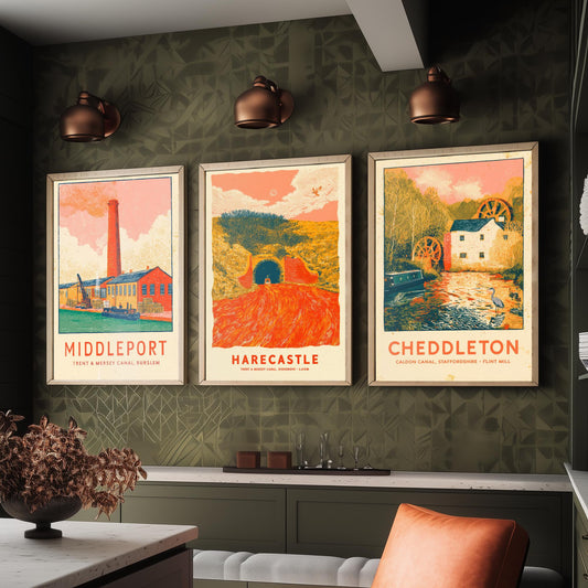 Pottery Canals Set of Three Art Prints - Middleport, Harecastle, Cheddleton - Staffordshire Waterways Posters - Linocut Illustration