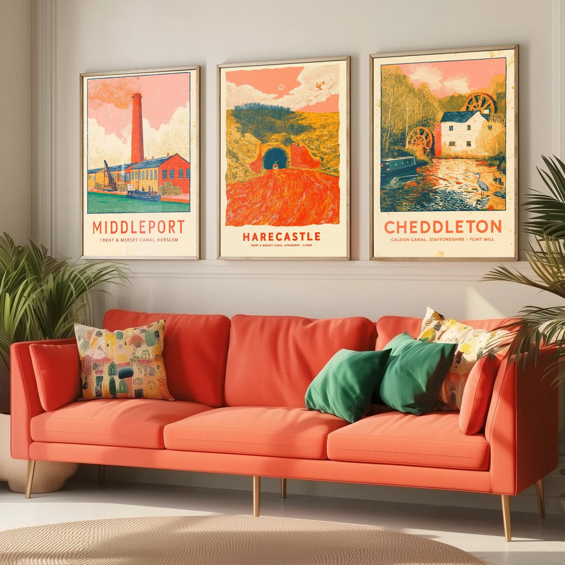 Pottery Canals Set of Three Art Prints - Middleport, Harecastle, Cheddleton - Staffordshire Waterways Posters - Linocut Illustration