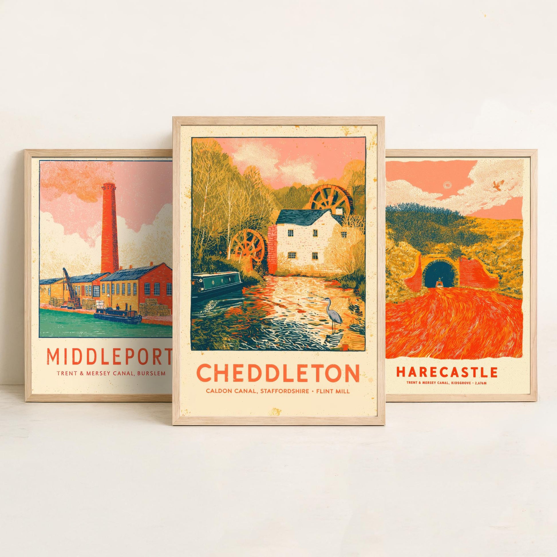 Pottery Canals Set of Three Art Prints - Middleport, Harecastle, Cheddleton - Staffordshire Waterways Posters - Linocut Illustration