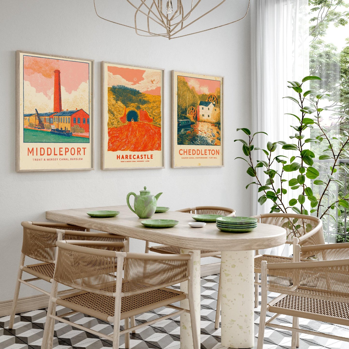 Pottery Canals Set of Three Art Prints - Middleport, Harecastle, Cheddleton - Staffordshire Waterways Posters - Linocut Illustration