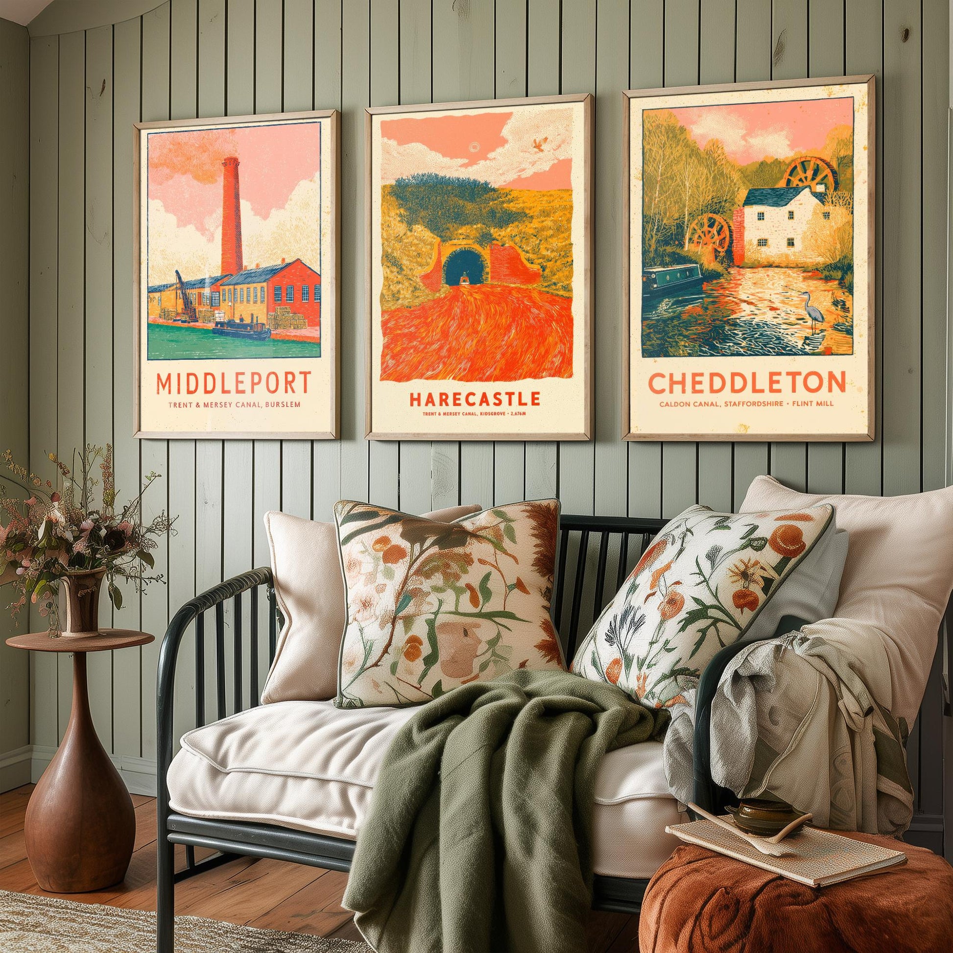 Pottery Canals Set of Three Art Prints - Middleport, Harecastle, Cheddleton - Staffordshire Waterways Posters - Linocut Illustration