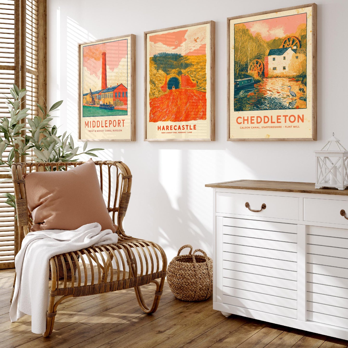 Pottery Canals Set of Three Art Prints - Middleport, Harecastle, Cheddleton - Staffordshire Waterways Posters - Linocut Illustration