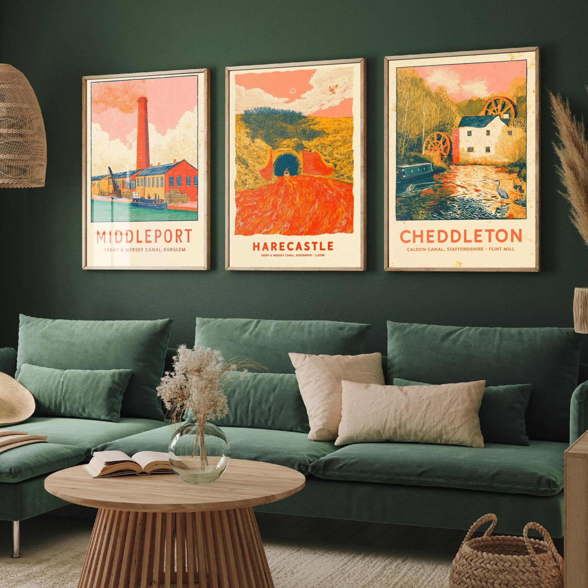 Pottery Canals Set of Three Art Prints - Middleport, Harecastle, Cheddleton - Staffordshire Waterways Posters - Linocut Illustration