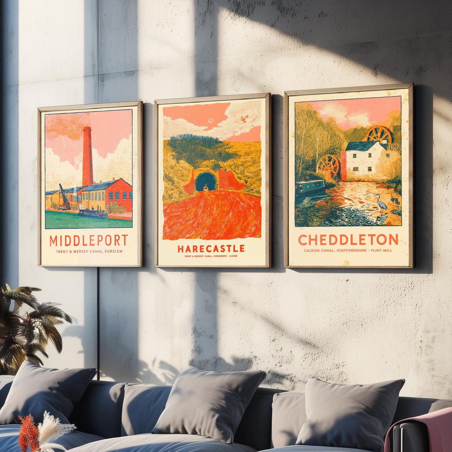 Pottery Canals Set of Three Art Prints - Middleport, Harecastle, Cheddleton - Staffordshire Waterways Posters - Linocut Illustration