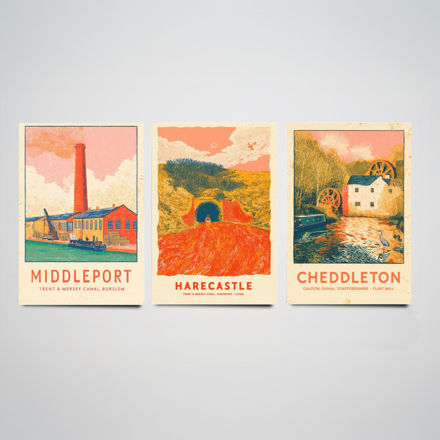 Pottery Canals Set of Three Art Prints - Middleport, Harecastle, Cheddleton - Staffordshire Waterways Posters - Linocut Illustration