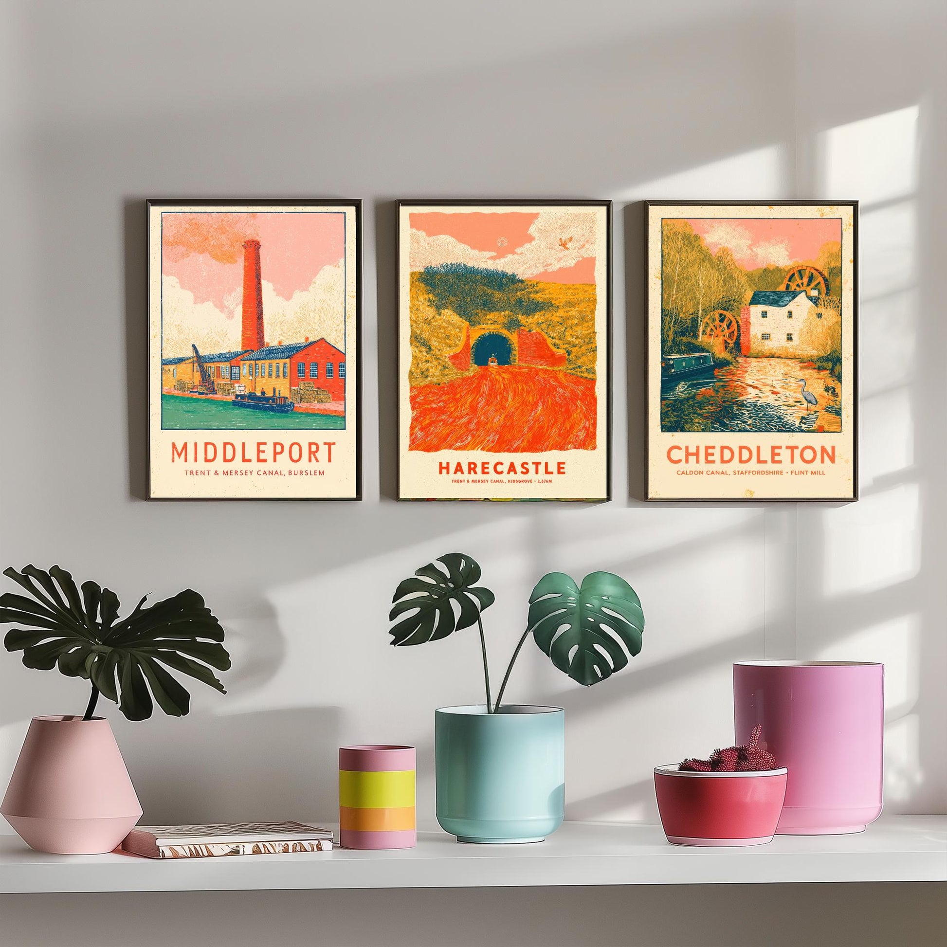 Pottery Canals Set of Three Art Prints - Middleport, Harecastle, Cheddleton - Staffordshire Waterways Posters - Linocut Illustration