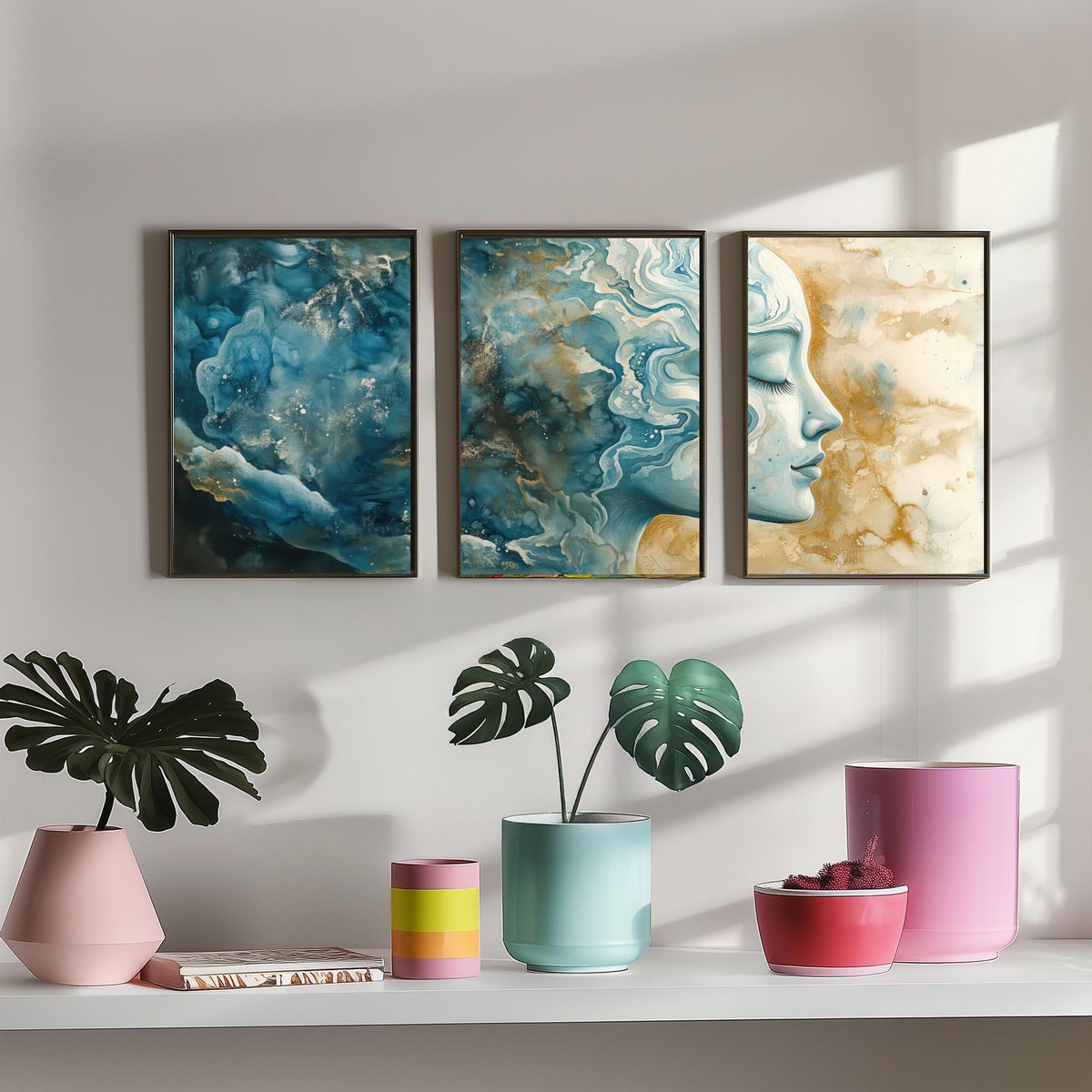 Mindfulness Set of Three Art Prints - 3 Calm Zen Wall Posters - Serene Face Blue Gold Watercolour Painting Meditation Decor