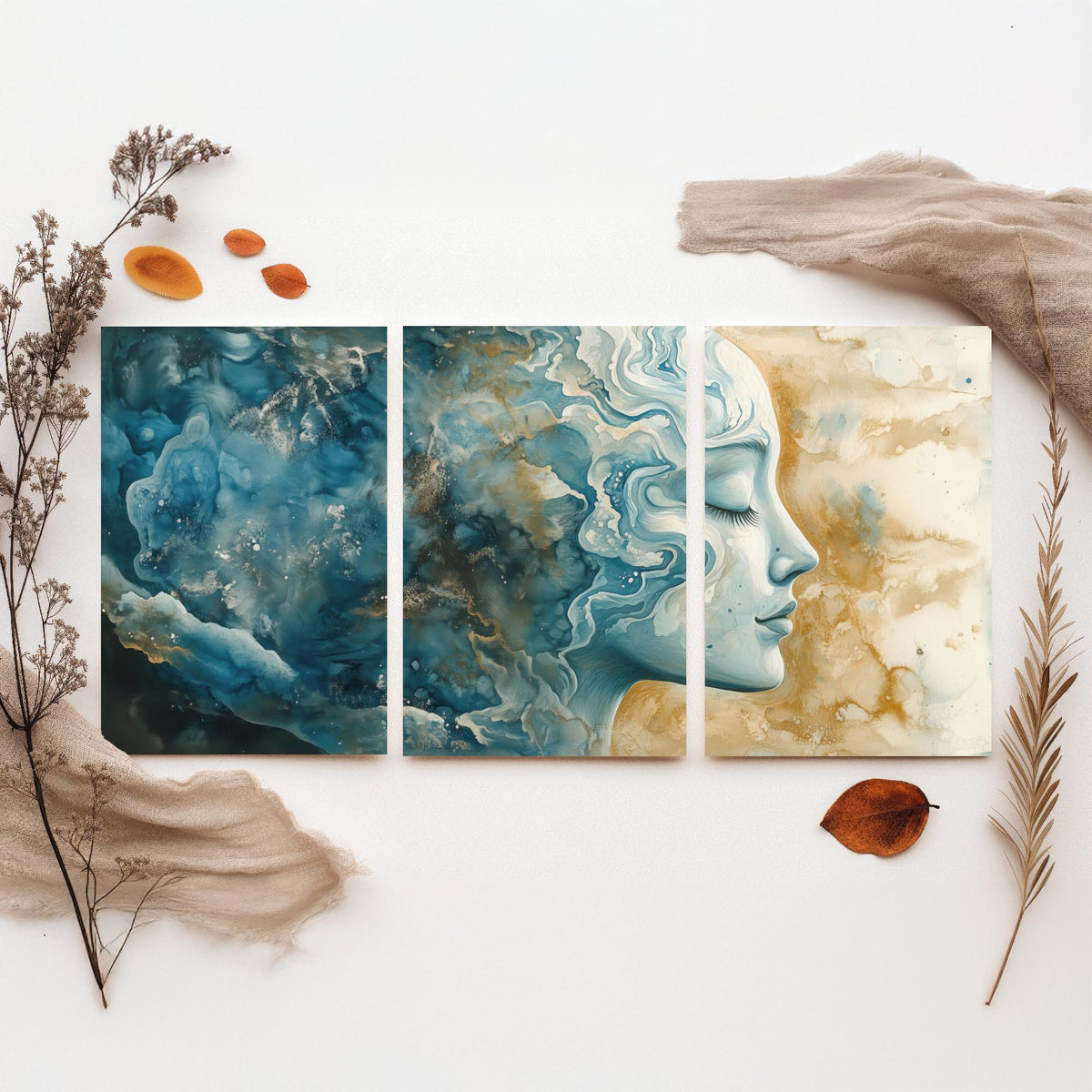Mindfulness Set of Three Art Prints - 3 Calm Zen Wall Posters - Serene Face Blue Gold Watercolour Painting Meditation Decor