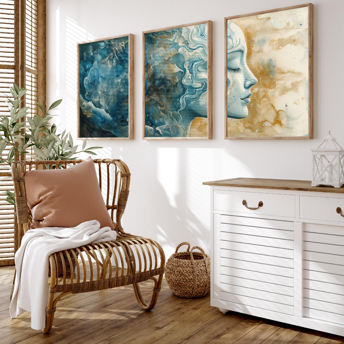 Mindfulness Set of Three Art Prints - 3 Calm Zen Wall Posters - Serene Face Blue Gold Watercolour Painting Meditation Decor