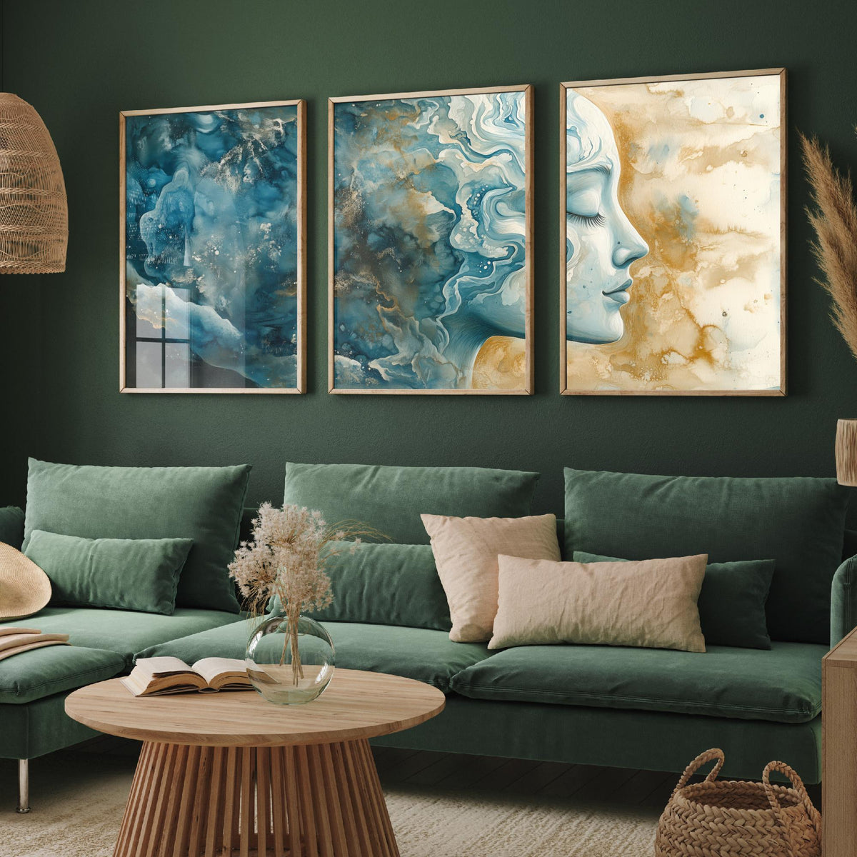 Mindfulness Set of Three Art Prints - 3 Calm Zen Wall Posters - Serene Face Blue Gold Watercolour Painting Meditation Decor