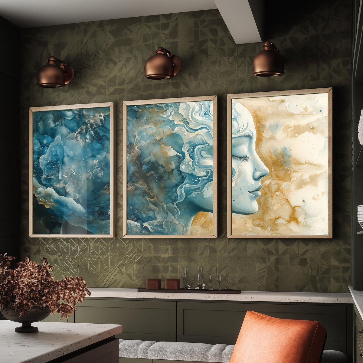 Mindfulness Set of Three Art Prints - 3 Calm Zen Wall Posters - Serene Face Blue Gold Watercolour Painting Meditation Decor