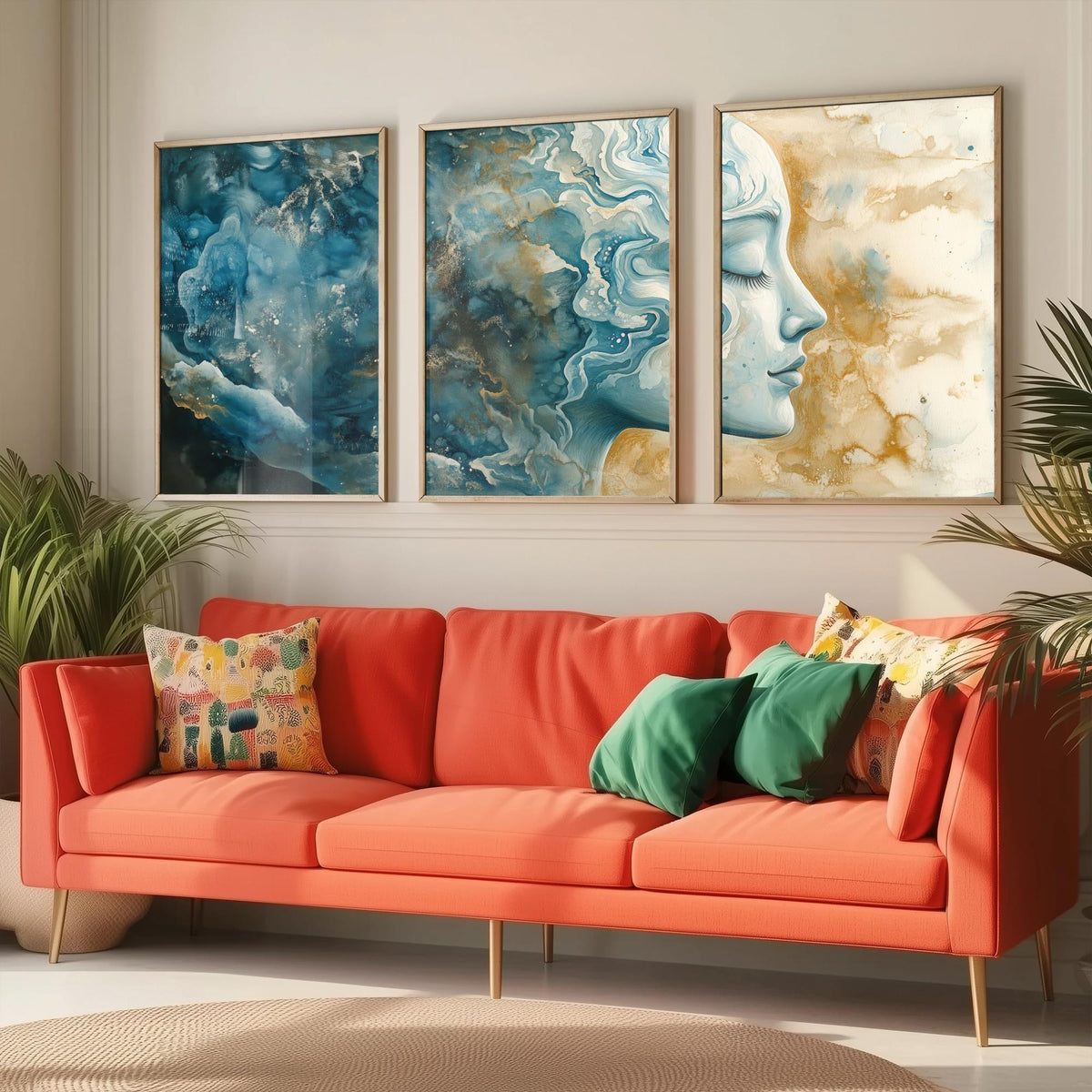 Mindfulness Set of Three Art Prints - 3 Calm Zen Wall Posters - Serene Face Blue Gold Watercolour Painting Meditation Decor