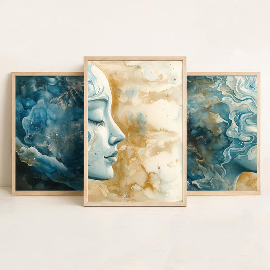 Mindfulness Set of Three Art Prints - 3 Calm Zen Wall Posters - Serene Face Blue Gold Watercolour Painting Meditation Decor