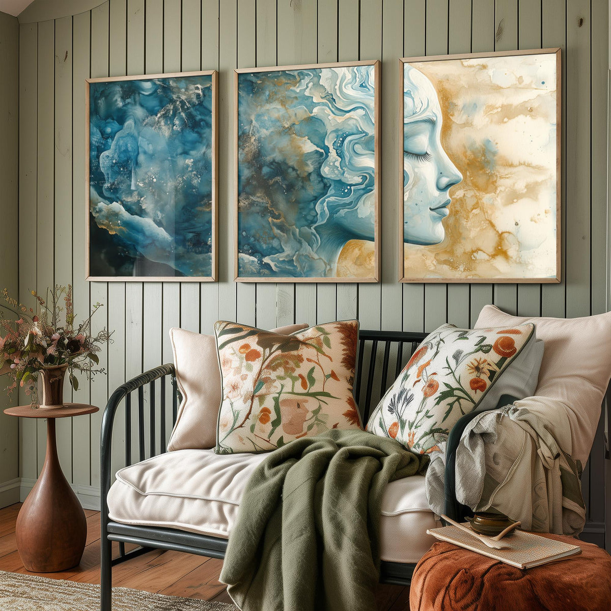 Mindfulness Set of Three Art Prints - 3 Calm Zen Wall Posters - Serene Face Blue Gold Watercolour Painting Meditation Decor