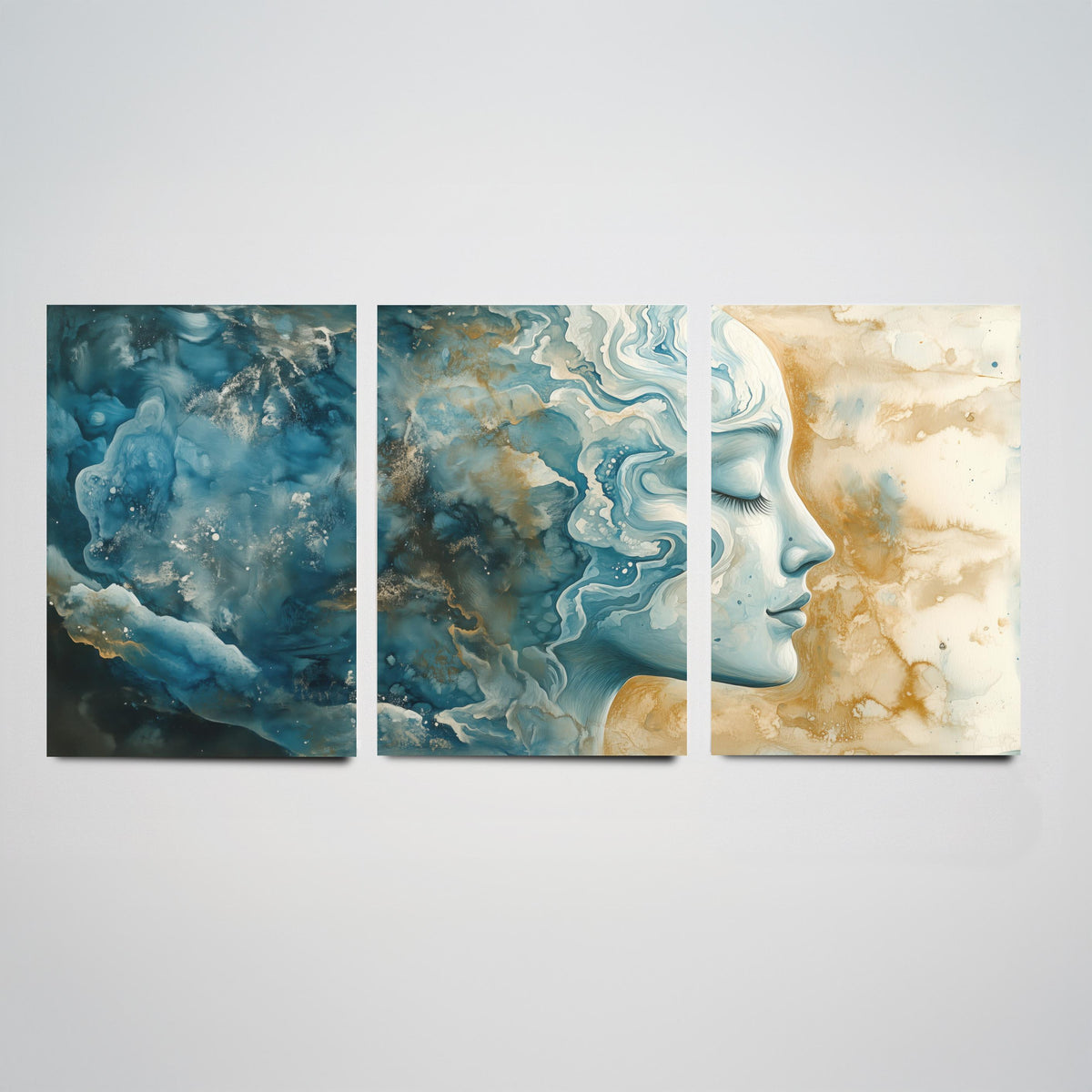 Mindfulness Set of Three Art Prints - 3 Calm Zen Wall Posters - Serene Face Blue Gold Watercolour Painting Meditation Decor