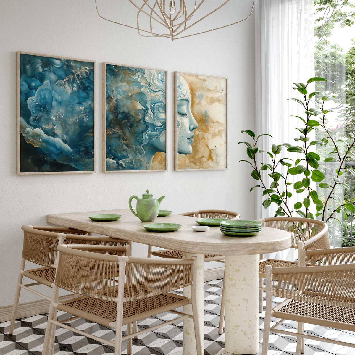 Mindfulness Set of Three Art Prints - 3 Calm Zen Wall Posters - Serene Face Blue Gold Watercolour Painting Meditation Decor