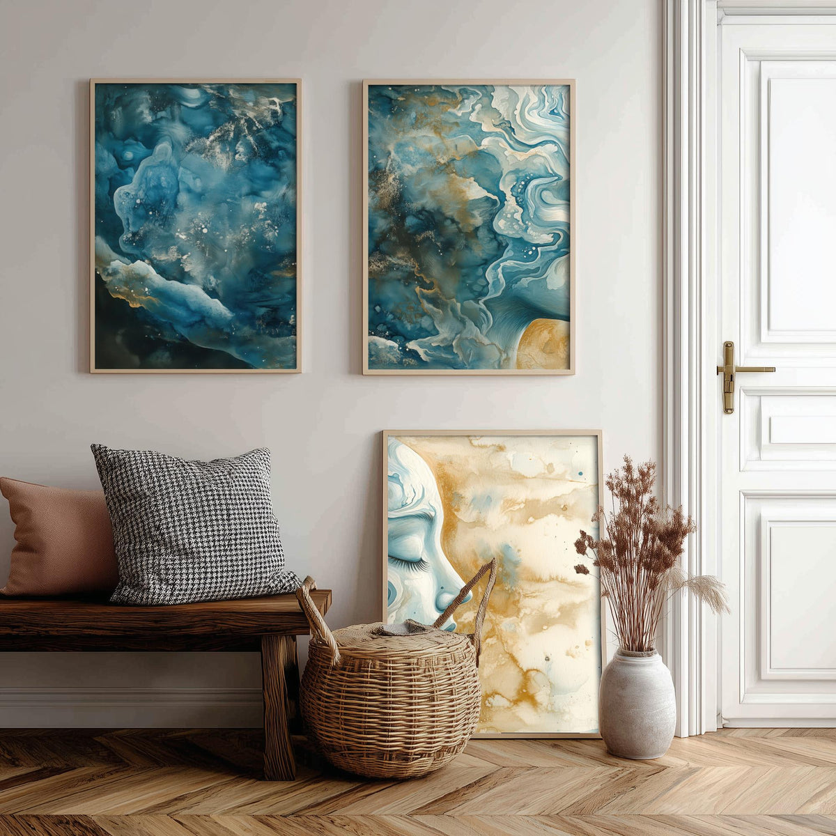 Mindfulness Set of Three Art Prints - 3 Calm Zen Wall Posters - Serene Face Blue Gold Watercolour Painting Meditation Decor