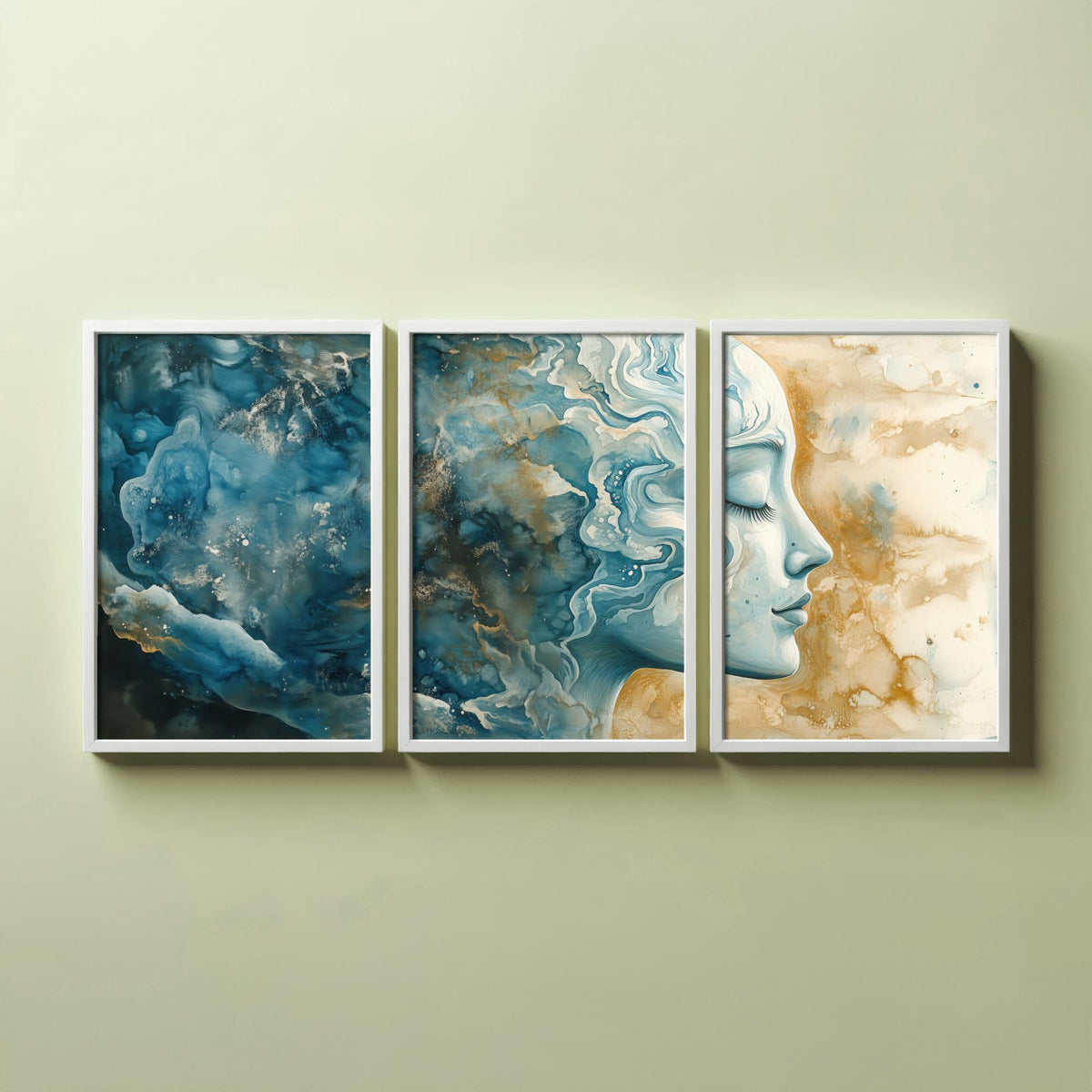 Mindfulness Set of Three Art Prints - 3 Calm Zen Wall Posters - Serene Face Blue Gold Watercolour Painting Meditation Decor