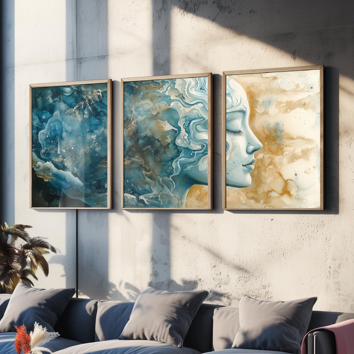 Mindfulness Set of Three Art Prints - 3 Calm Zen Wall Posters - Serene Face Blue Gold Watercolour Painting Meditation Decor