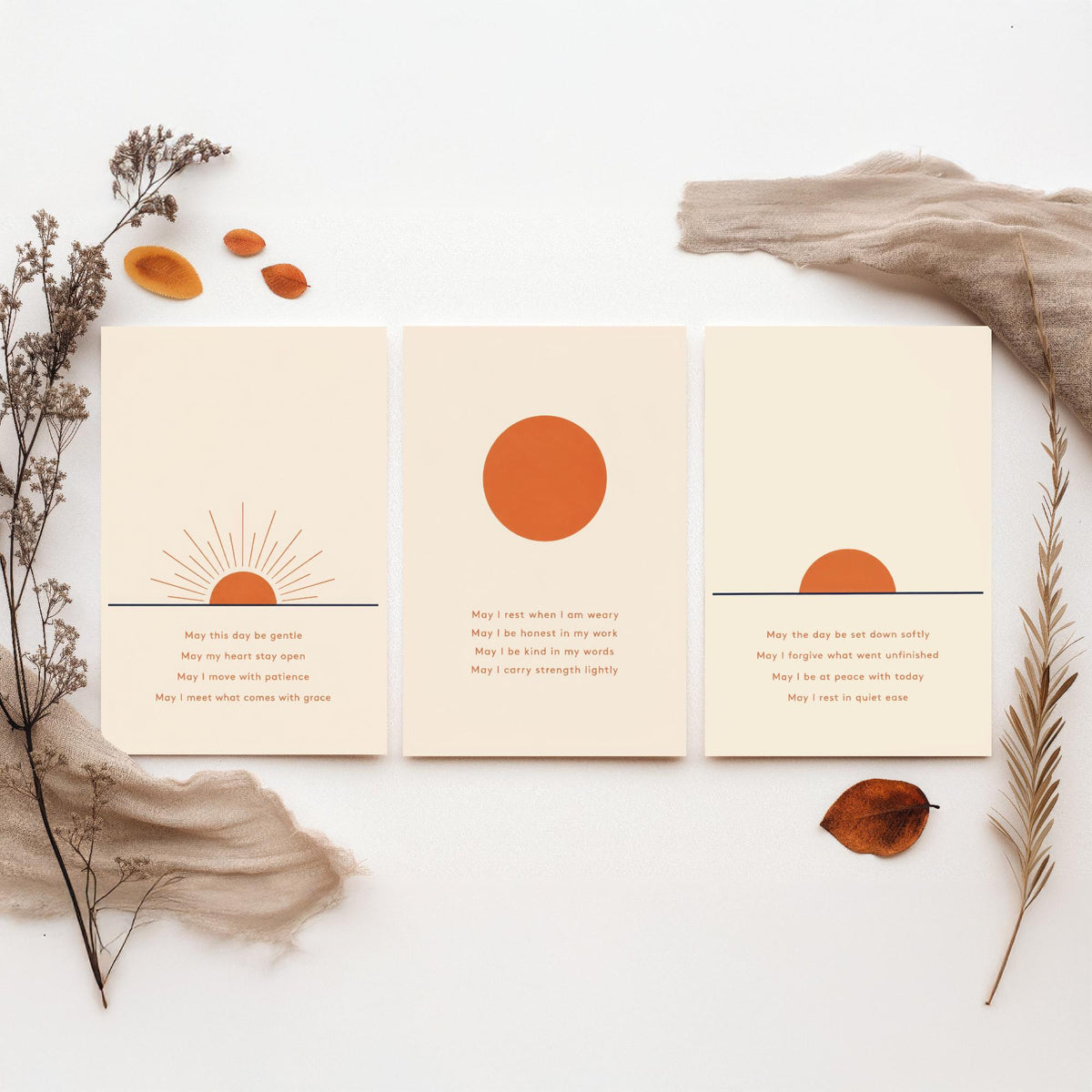 Minimalist Sun Set of Three Art Prints - 3 Sunrise Sunset Affirmation Posters - Boho Wall Art Print Illustration Quote Decor