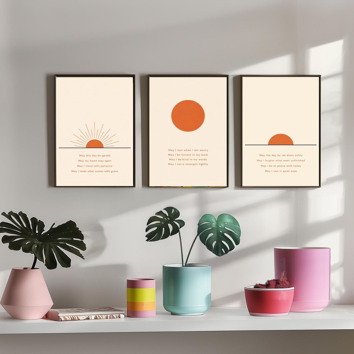 Minimalist Sun Set of Three Art Prints - 3 Sunrise Sunset Affirmation Posters - Boho Wall Art Print Illustration Quote Decor