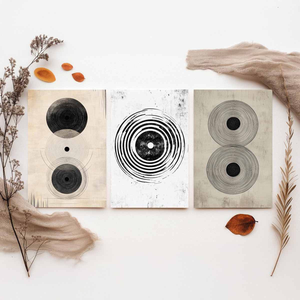 Concentric Circles Set of Three Art Prints - 3 Black White Abstract Posters - Minimalist Wall Art Illustration Decor V1
