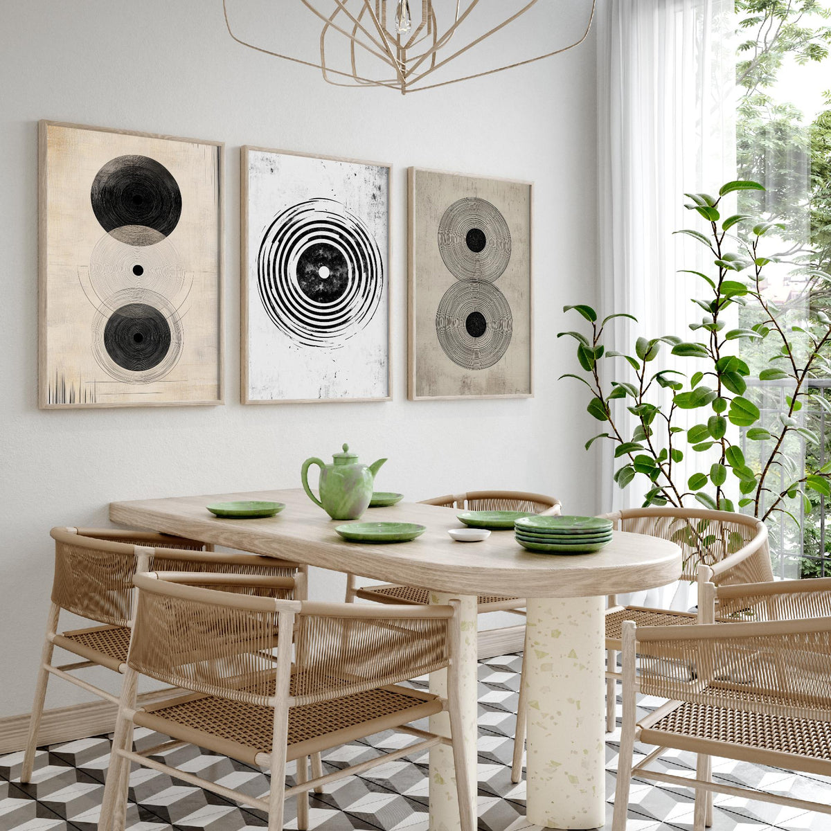 Concentric Circles Set of Three Art Prints - 3 Black White Abstract Posters - Minimalist Wall Art Illustration Decor V1
