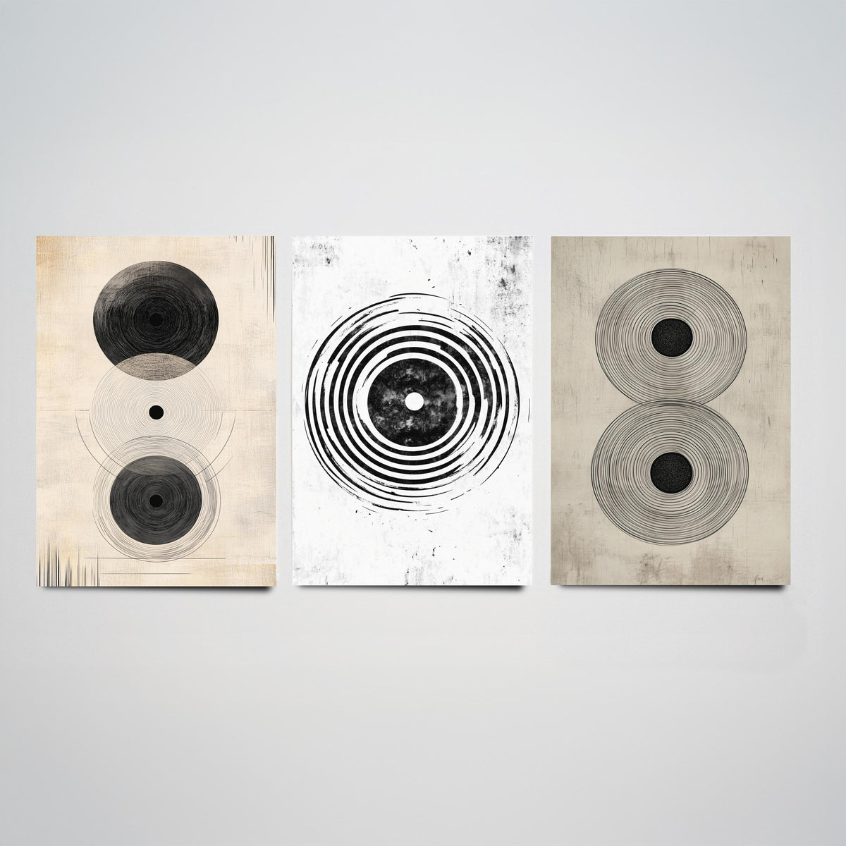 Concentric Circles Set of Three Art Prints - 3 Black White Abstract Posters - Minimalist Wall Art Illustration Decor V1